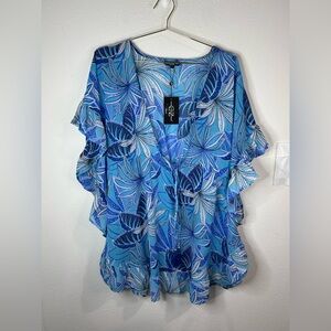 Club Z Collection Blue Floral Ruffle Sleeve Tunic Top NWT Boho Resort Blouse M L